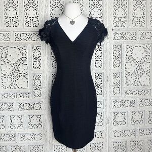 Maeve Anthropologie Black Lace V Neck Bandage Style Floral Cap Sleeve Dress Sz S